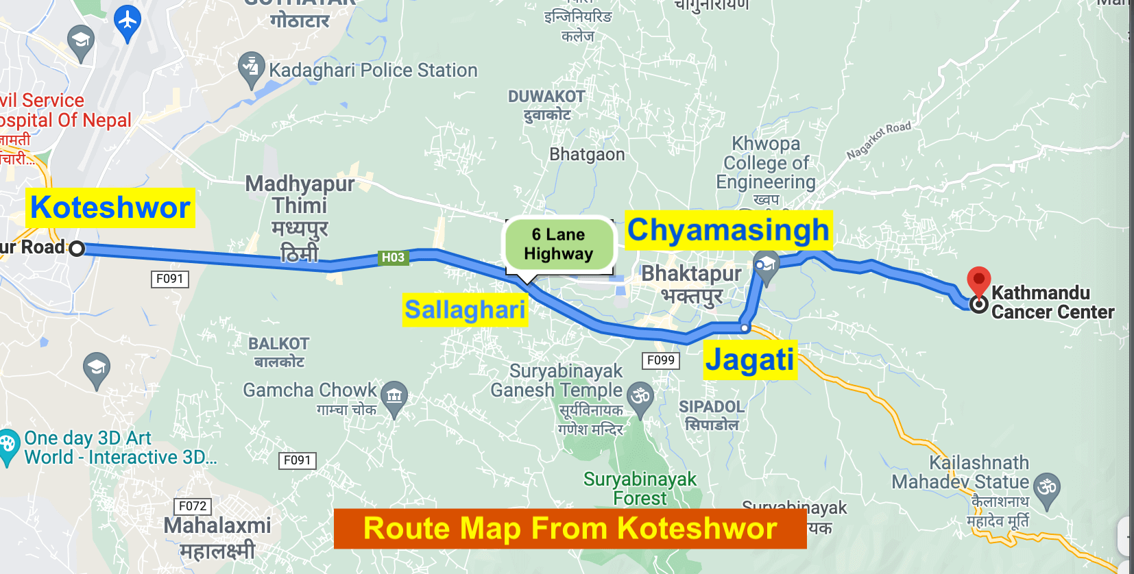 route map of Kathmandu cancer center hospital
