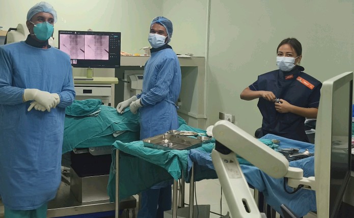 Live X-ray (fluoroscopy) guiding an image-guided procedure at Kathmandu Cancer Center